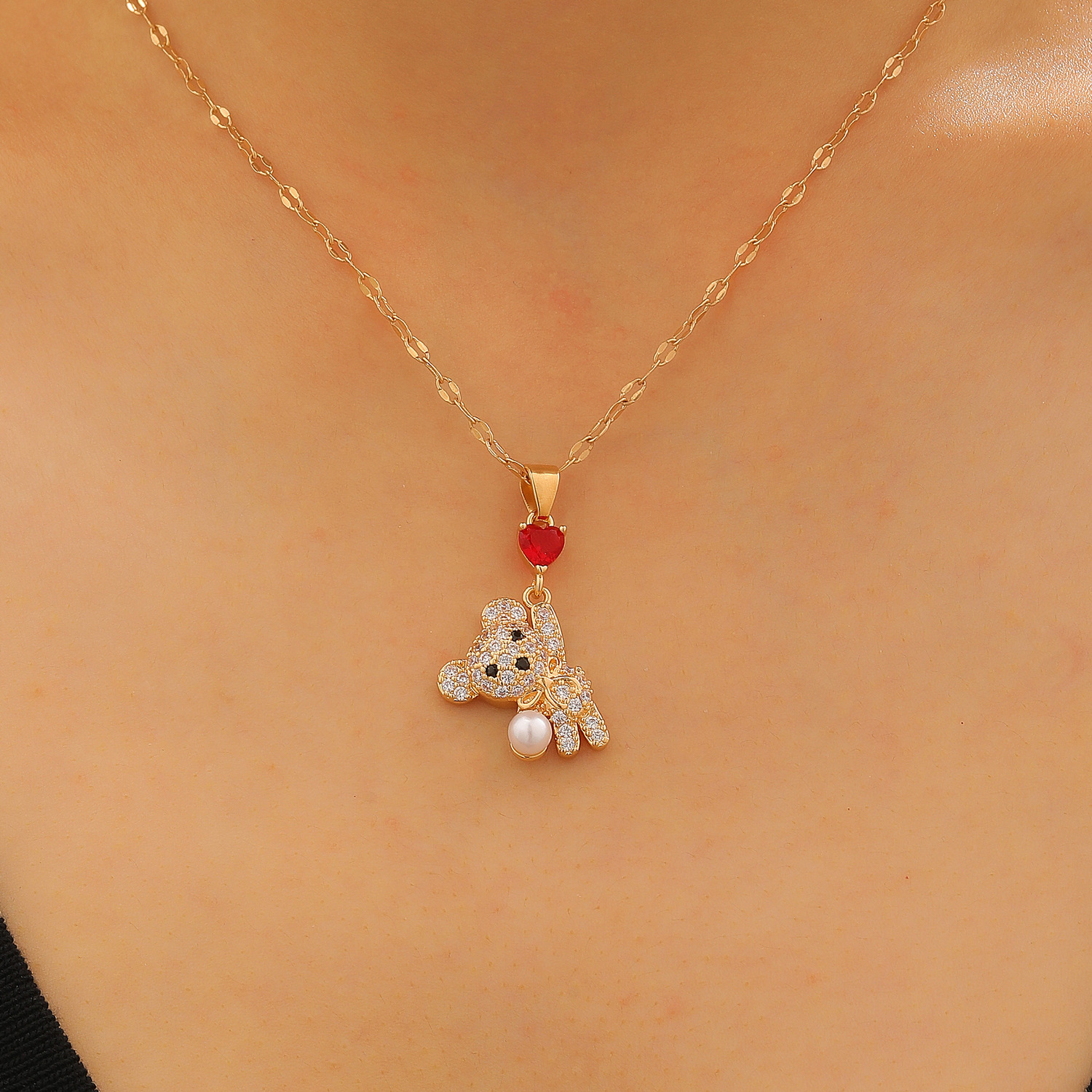Women's Cute Heart Rhinestone Bear Pendant Necklace